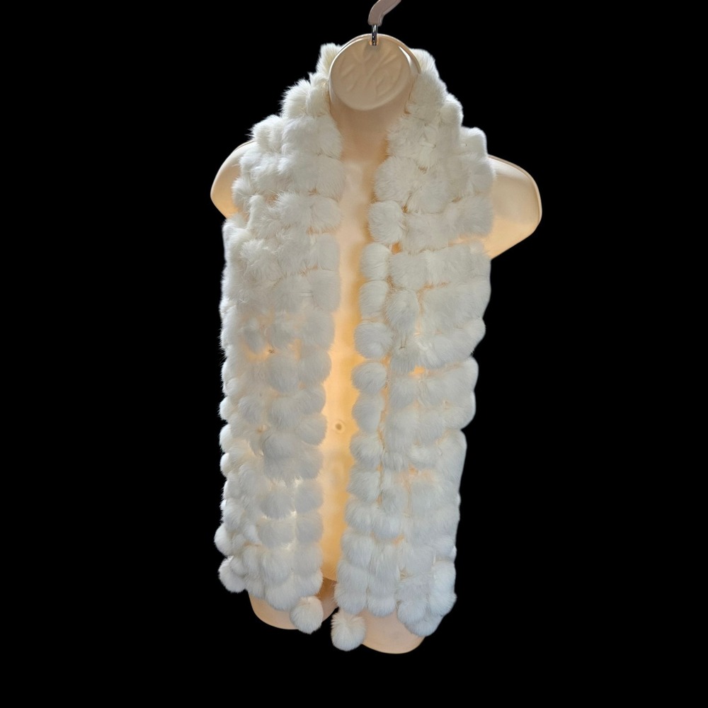 VTG 100% Rabbit Fur White Pom Pom Scarf Neck Warmer Wrap Warm Soft Fluffy 55"